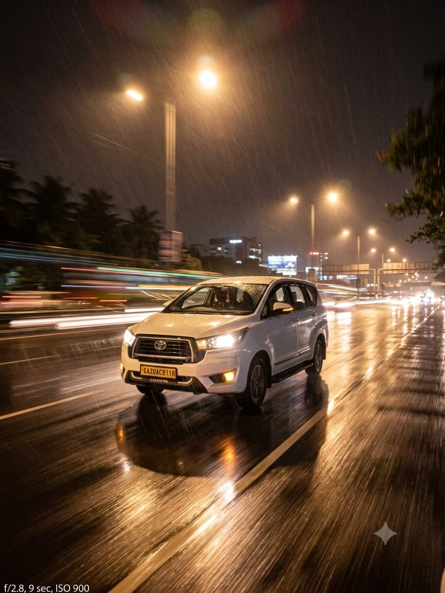 Night long-exposure shot of Toyota Innova Crysta taxi speeding smoothly along wet coastal highway